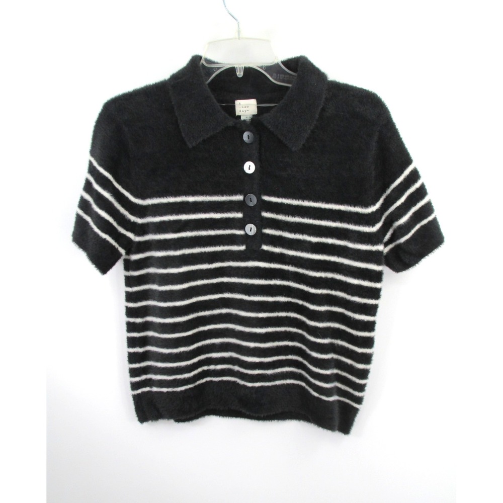 A New Day Womens Black Stripe Fuzzy Pullover Polo Sweater Short Sleeve S